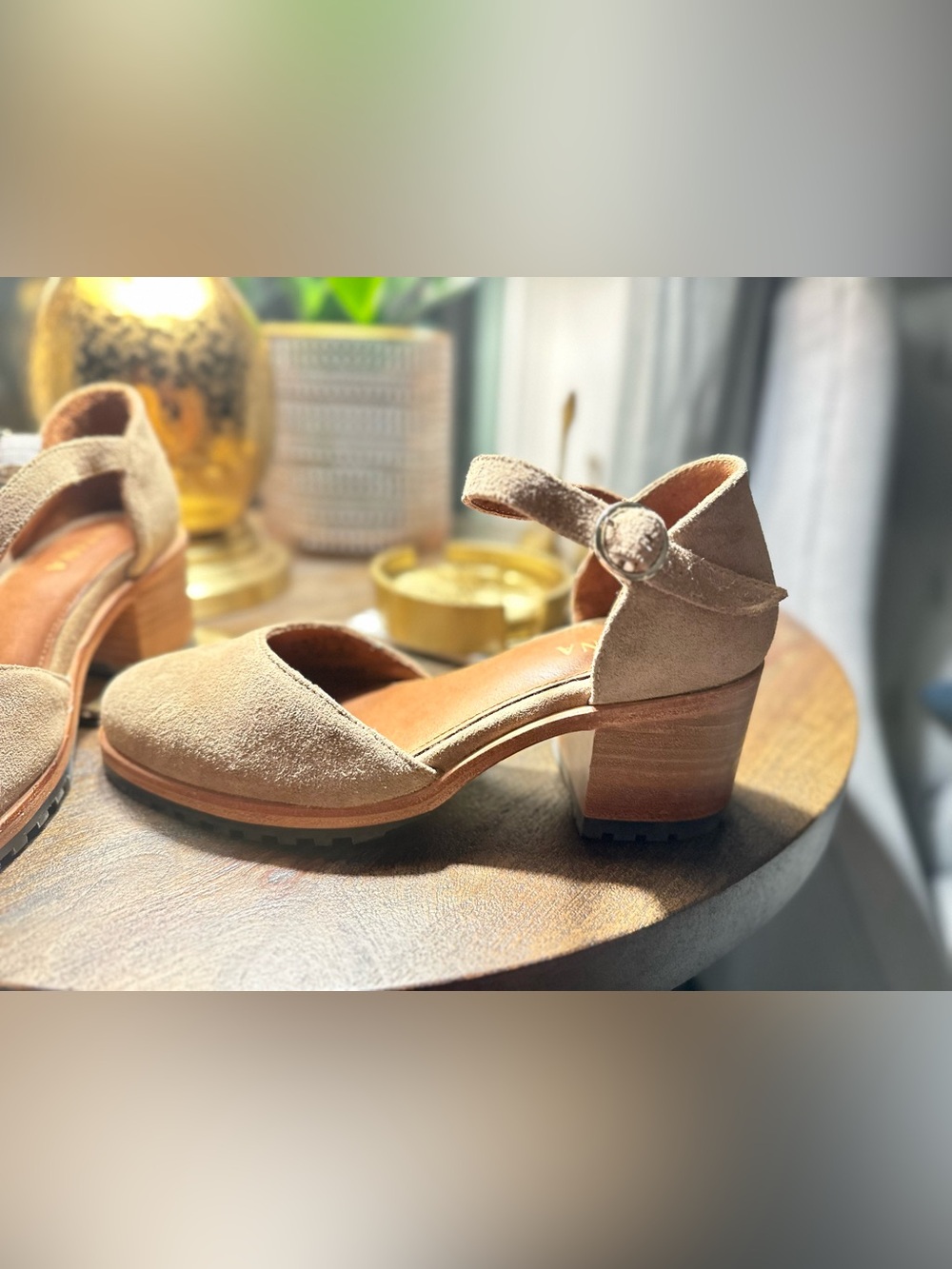 Ankle-Strap Suede Block Heel Sandal in Taupe